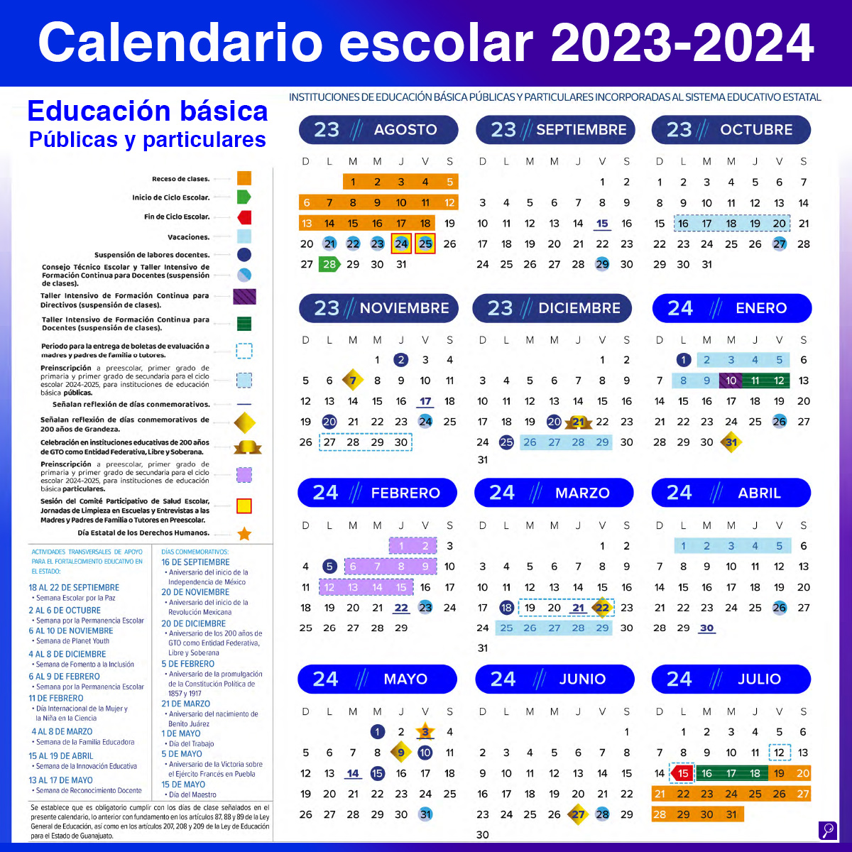 Calendario escolar 2023 - 2024 para educación básica en Apaseo el Alto y todo el estado de Guanajuato.
